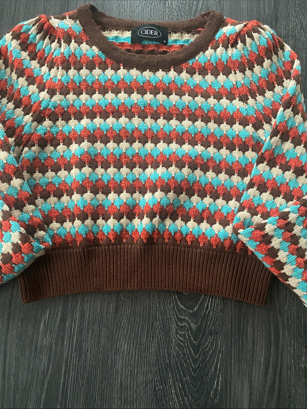 Cider Brown Turquoise Coral Cream Patterned Cropped Sweater - Picture 4 of 6